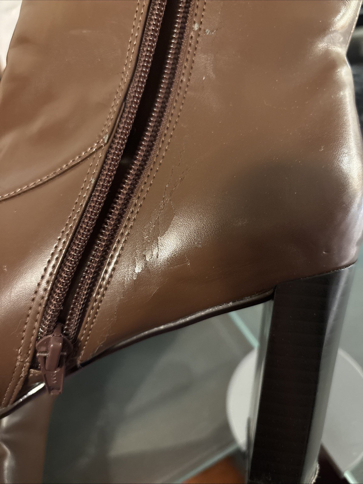 Suzanne Somers Mod Boots Brown Faux Leather Ankle Boot Lined 7.5 M 3.25″ Heel