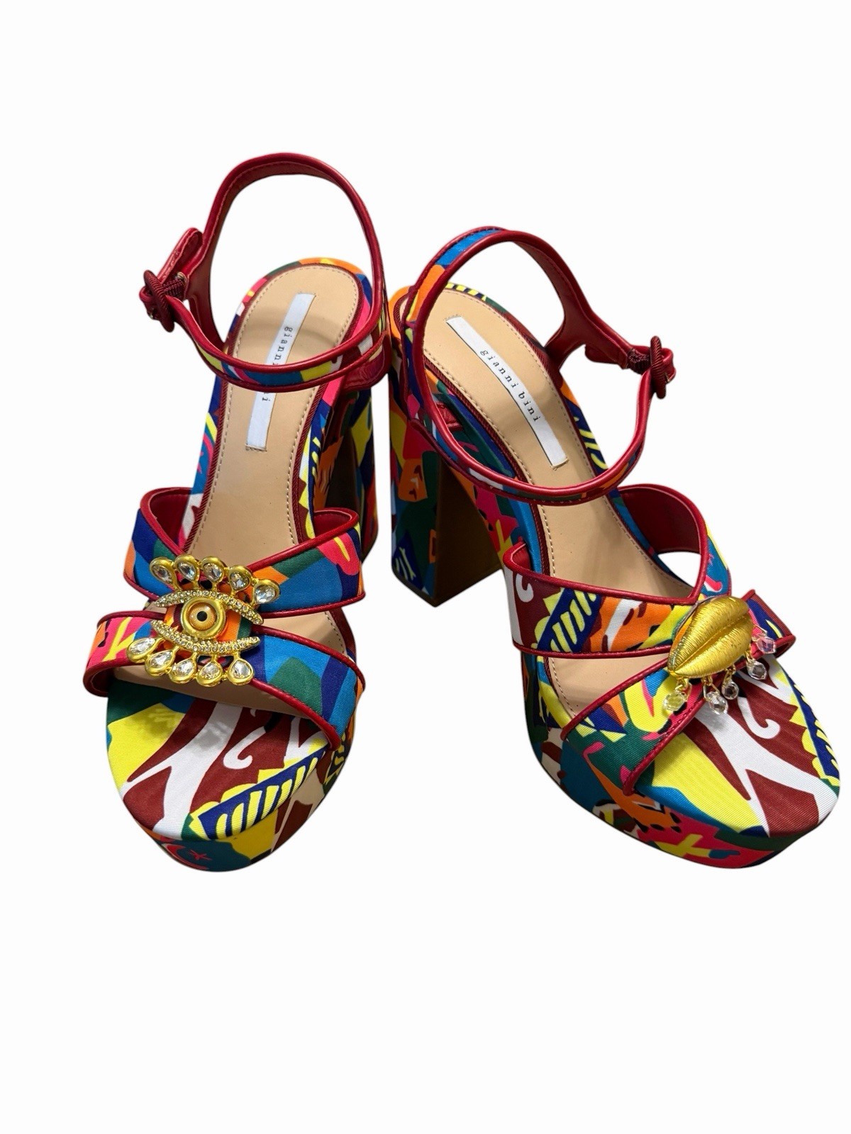Colorful Platform Heels Eye Lips Embellished Block Heel Sandals Women’s 10M