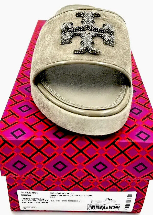 TORY BURCH ELEANOR SLIDE SANDAL CRYSTAL LOGO SUEDE GRAY HERON SZ US 8 NIB