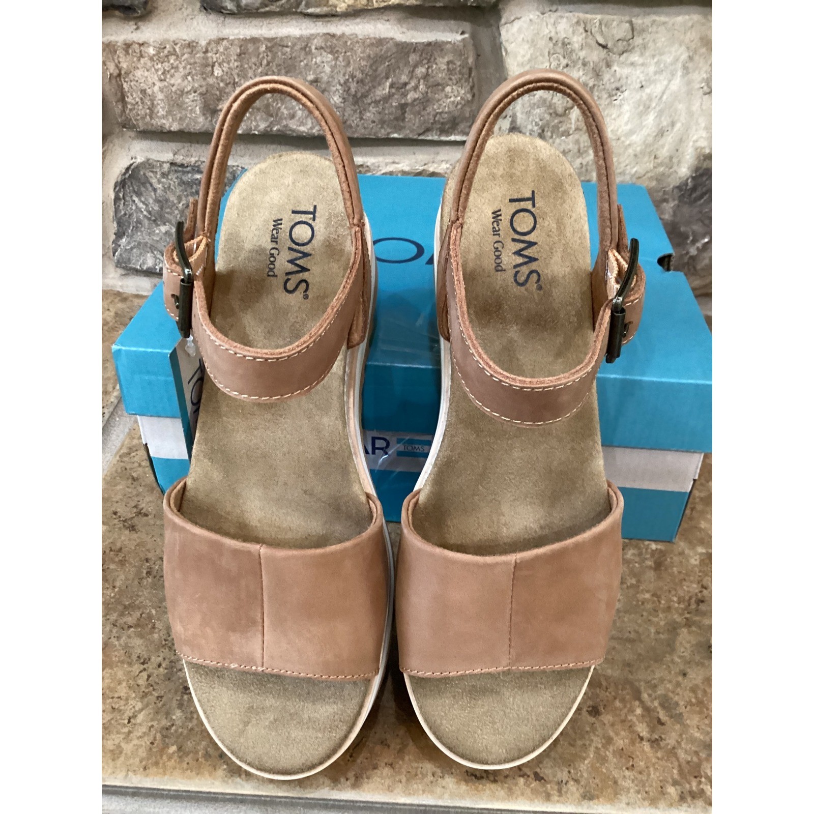 TOMS Diana Tan Leather Platform Wedge Sandals 10019757 Womens Size 7.5 New