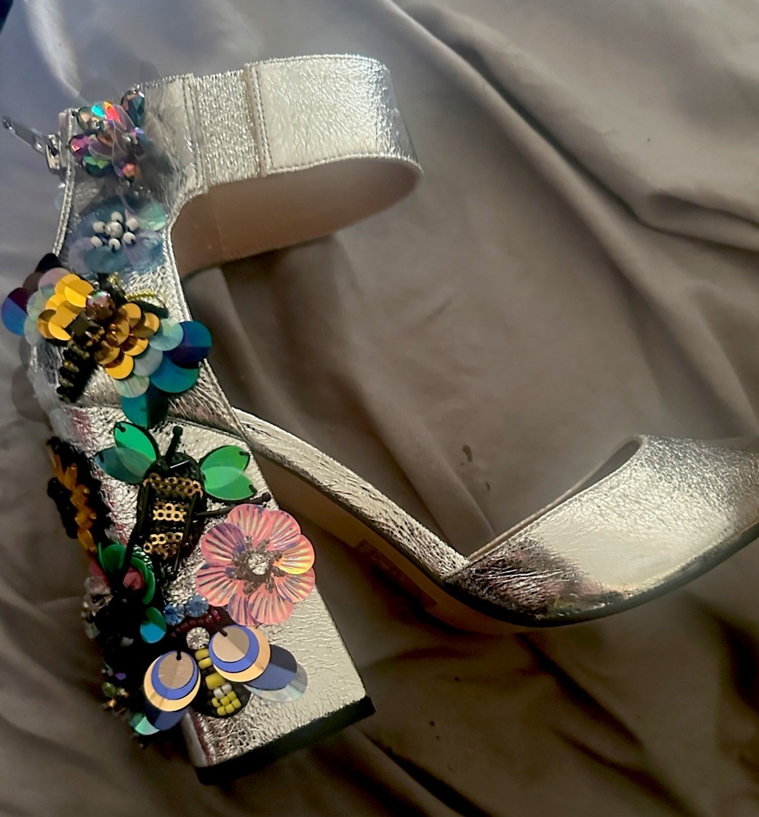 Silver Sequin 3D Flowers & Bees Embellished Ankle Wedding PROM VINTAGE NEVER WOR