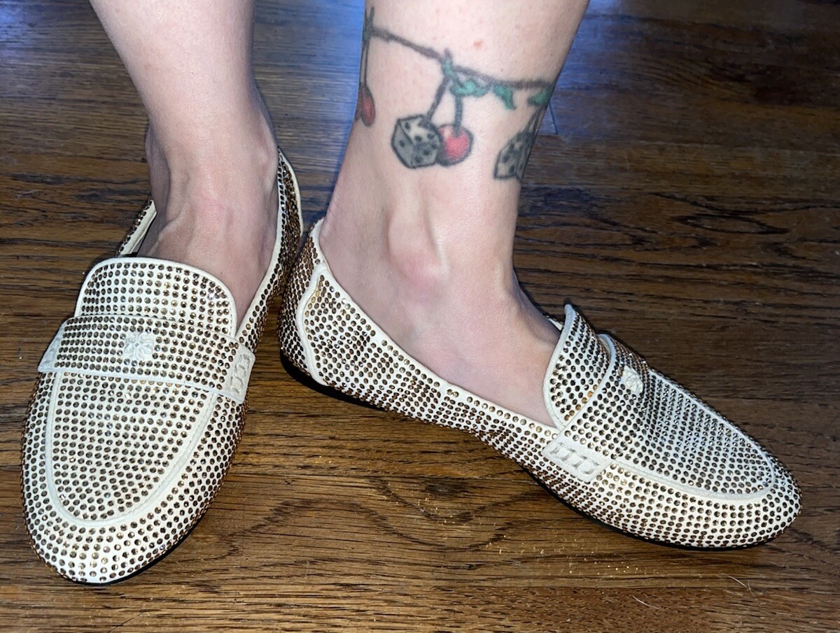Tory Burch Champagne Crystal Covered Cream Suede Ballet Flats Loafer Sz 7.5 EUC!