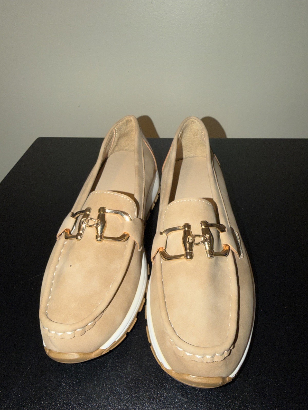 Woman’s Tan And Gold Suede Slip Ons Size EU40/US 10
