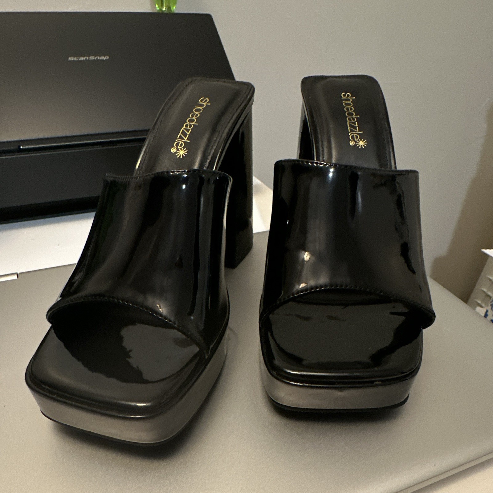 ShoeDazzle Black Patent Leather Platform Mules, Size 8