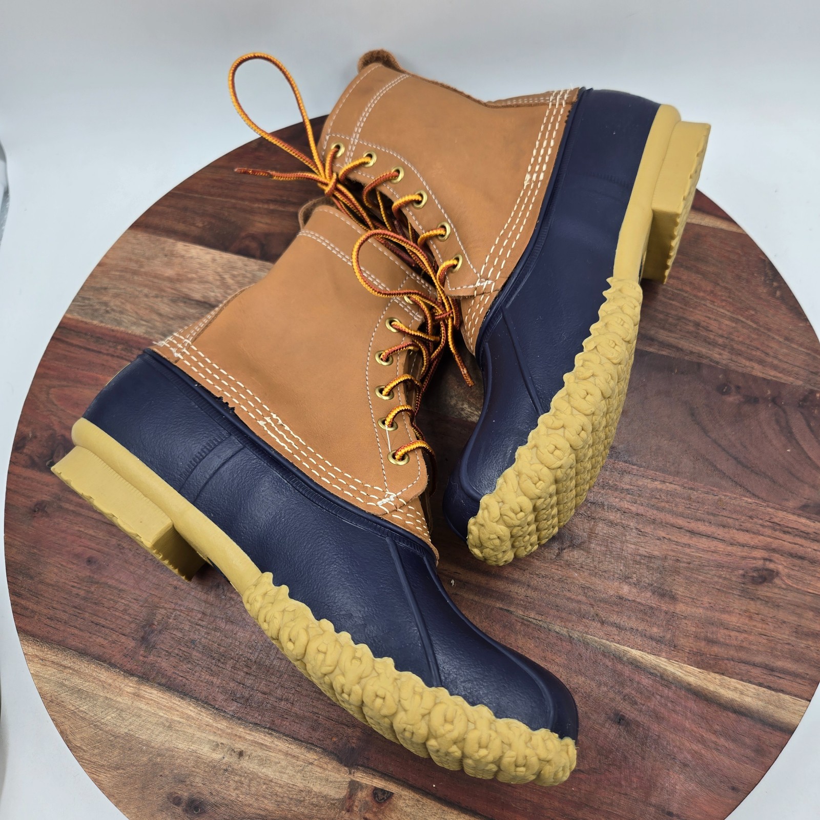 LL Bean Duck Boots Women’s 9M Tan Blue Leather Waterproof Rain Hunting USA Muck