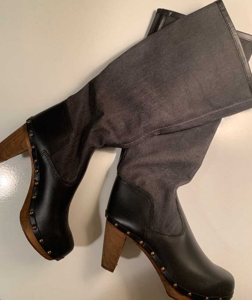 Anthropologie Boots 8 SANITA Knee High COLLAGE Waxed Canvas Leather Clog 39 NWT