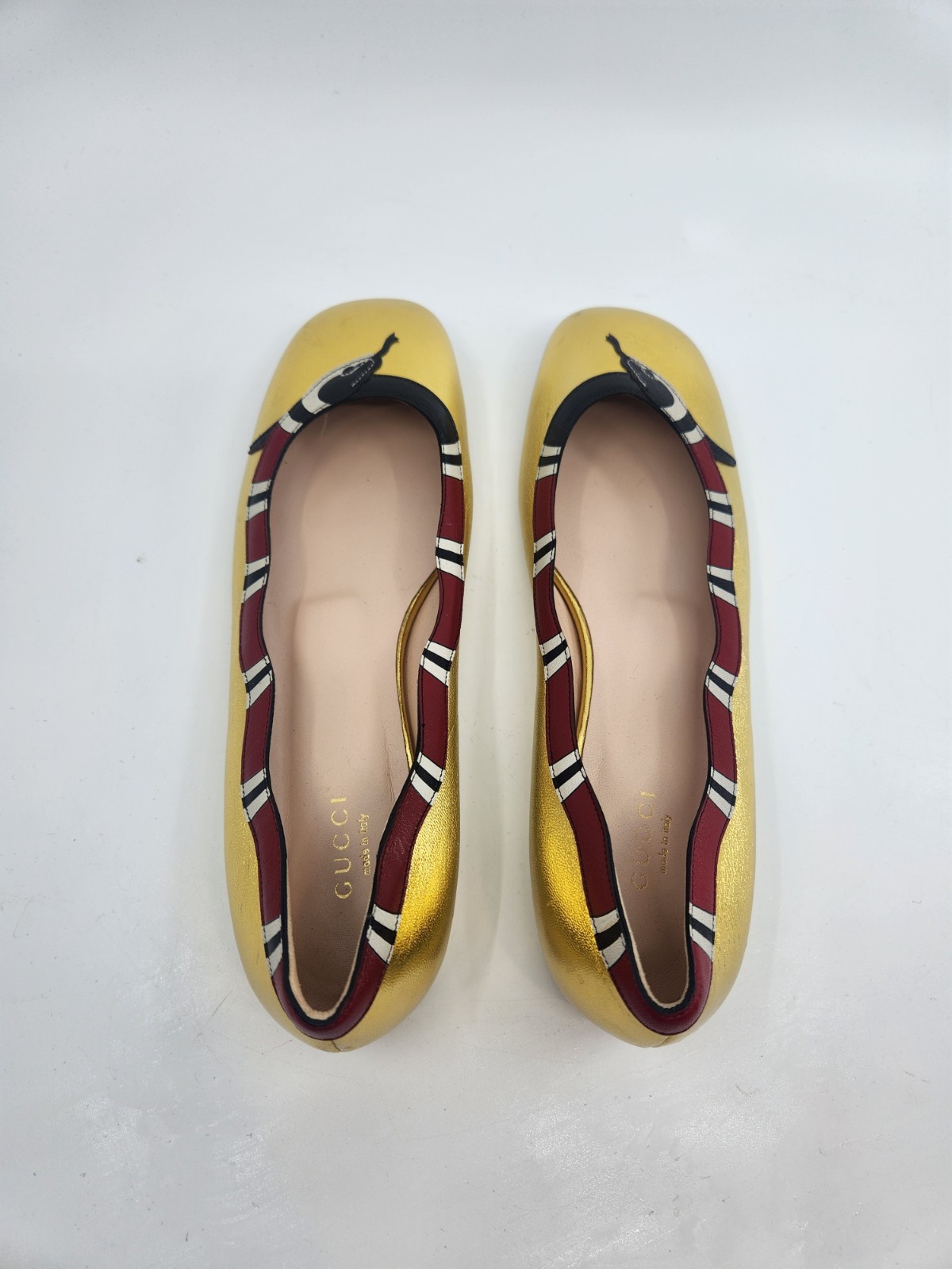 Gucci Yoko King Snake Leather Ballet Flats Shoes Square Toe in GOLD EU 38.5