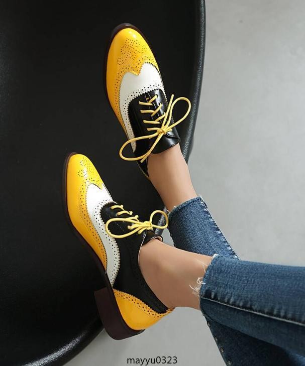 Retro Womens Brogue Pumps Shoes Lace Up Wing Tip Casual Fashion Flat Oversize