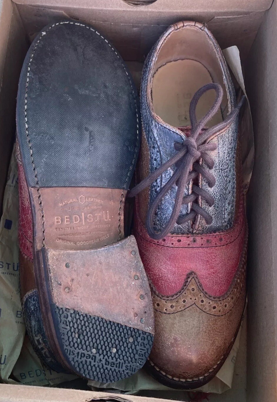 Bed|Stu Lita Red(pink)/Caramel(tan)/ Silver Lux(Blue)Leather Handmade Oxford 7.5