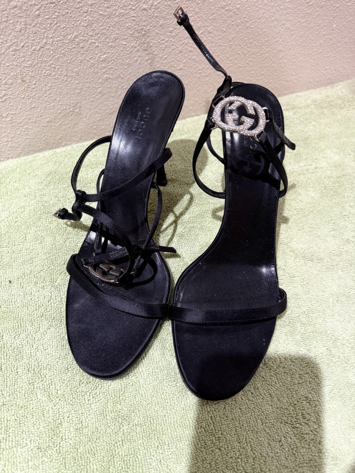 Gucci Black Strappy Britt Lace-Up Ankle Strap Logo Silk Sandals Women’s Size 10
