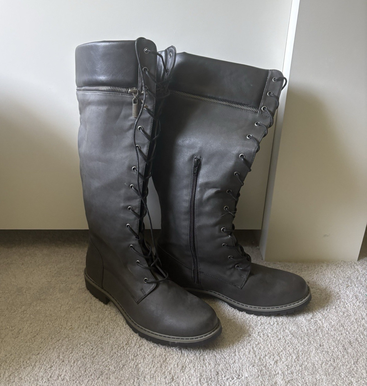 Women’s Black Knee High Combat Boots Lace-Up Side Zip Round Toe US 9 EU 40