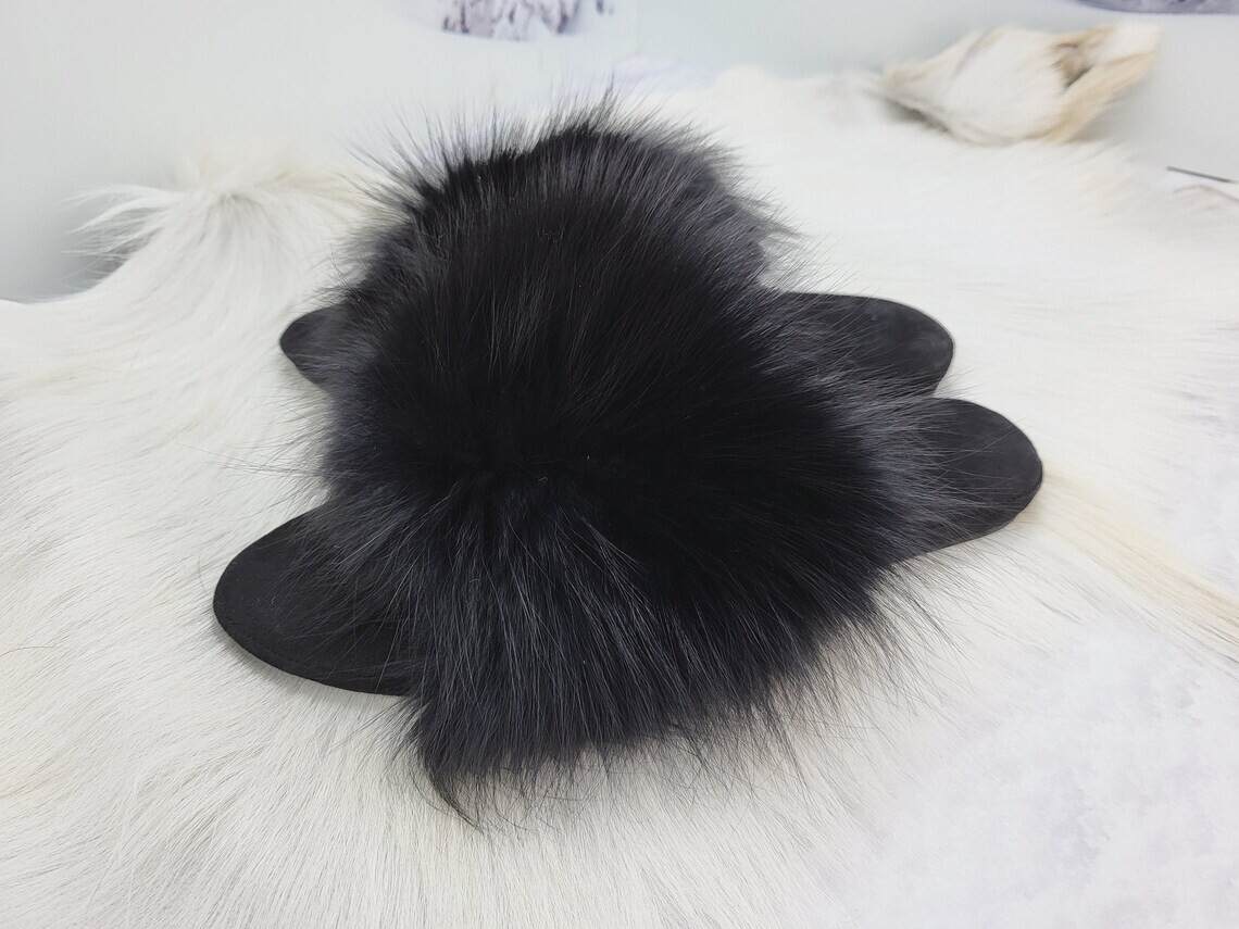 Women black fox fur leather house slippers Open toe home shoes Gift for women