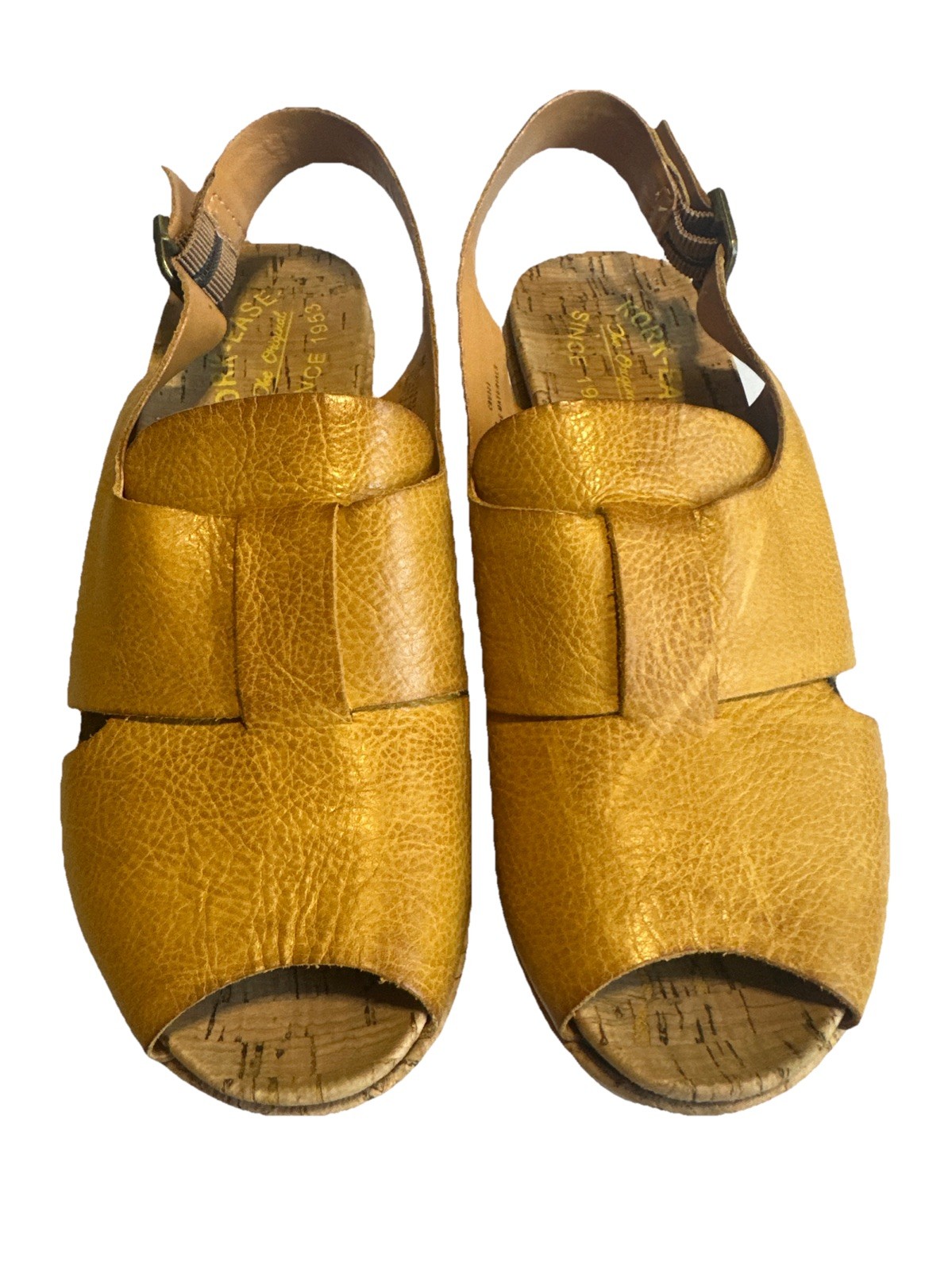 Kork Ease Alex Sandal Size 6 M Yellow Leather Wedge Cork 3 1/4 Inch Heel