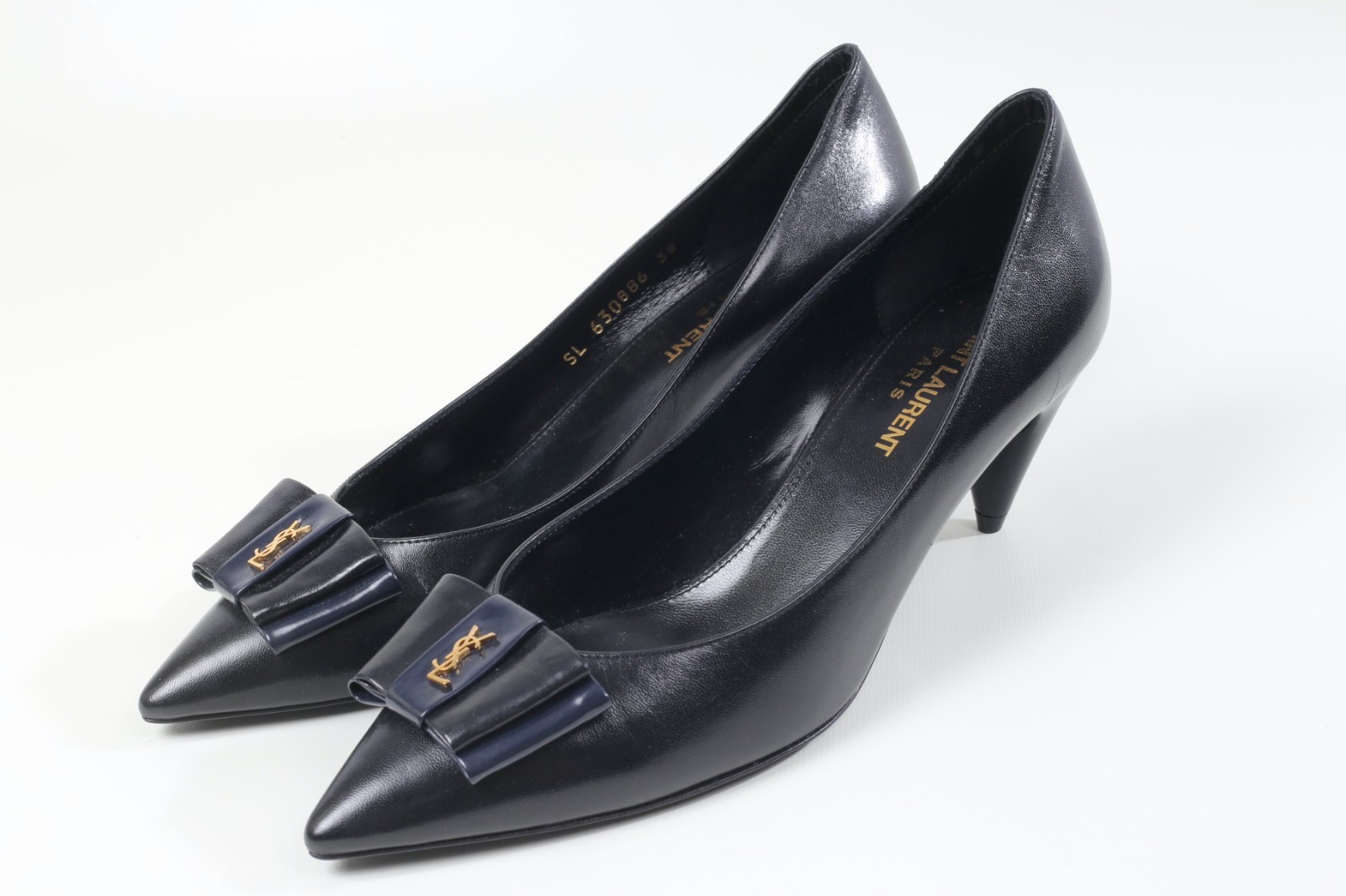 Saint Laurent Anais Logo Black Leather Bow Pumps Heels Designer EU Size 38 YSL