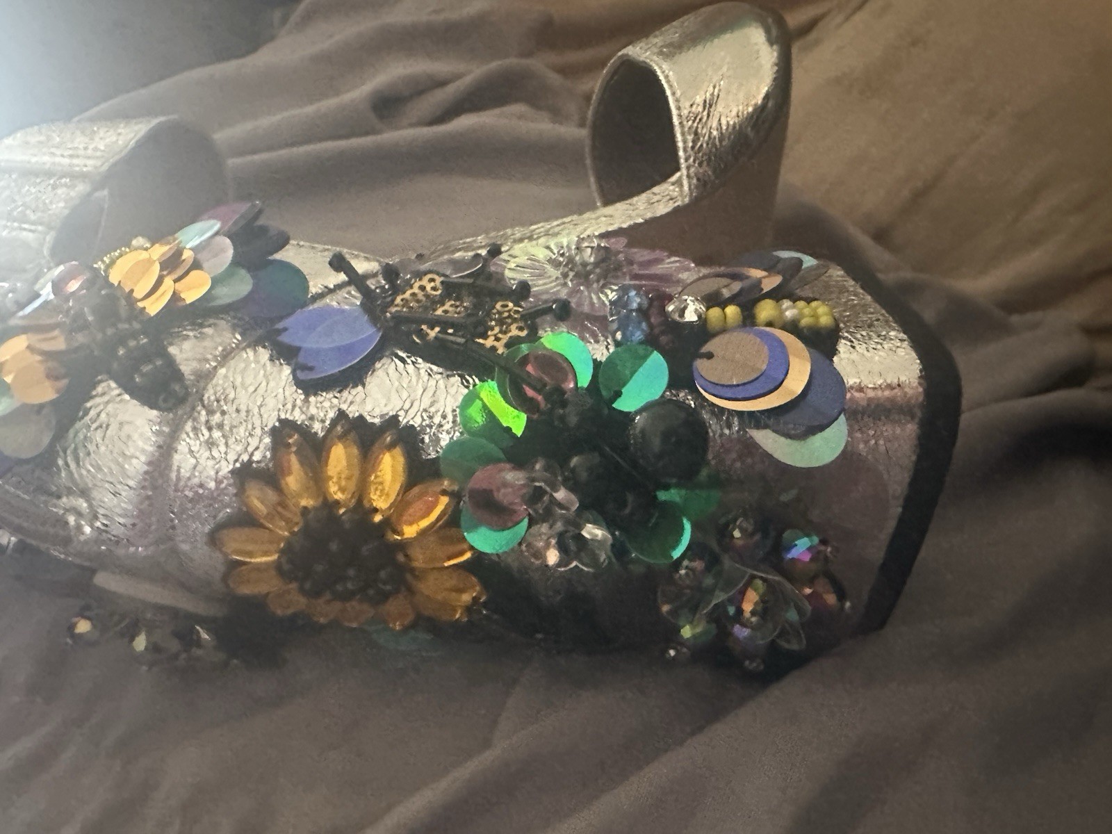 Silver Sequin 3D Flowers & Bees Embellished Ankle Wedding PROM VINTAGE NEVER WOR