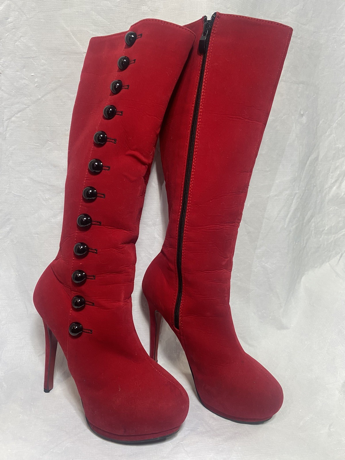 Highest Heel Women’s Red Knee High Rhinestone Boots, Pointed Toe Zip size 37/6.5