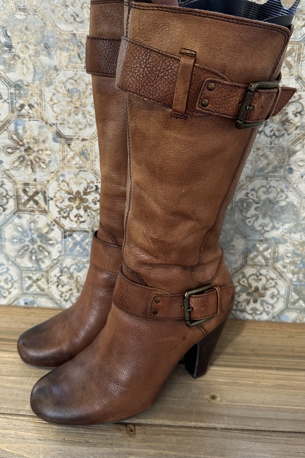 Arturo Chiang Tall Brown Boots Heeled Classy Buckle Accents Women’s Sz 8 M