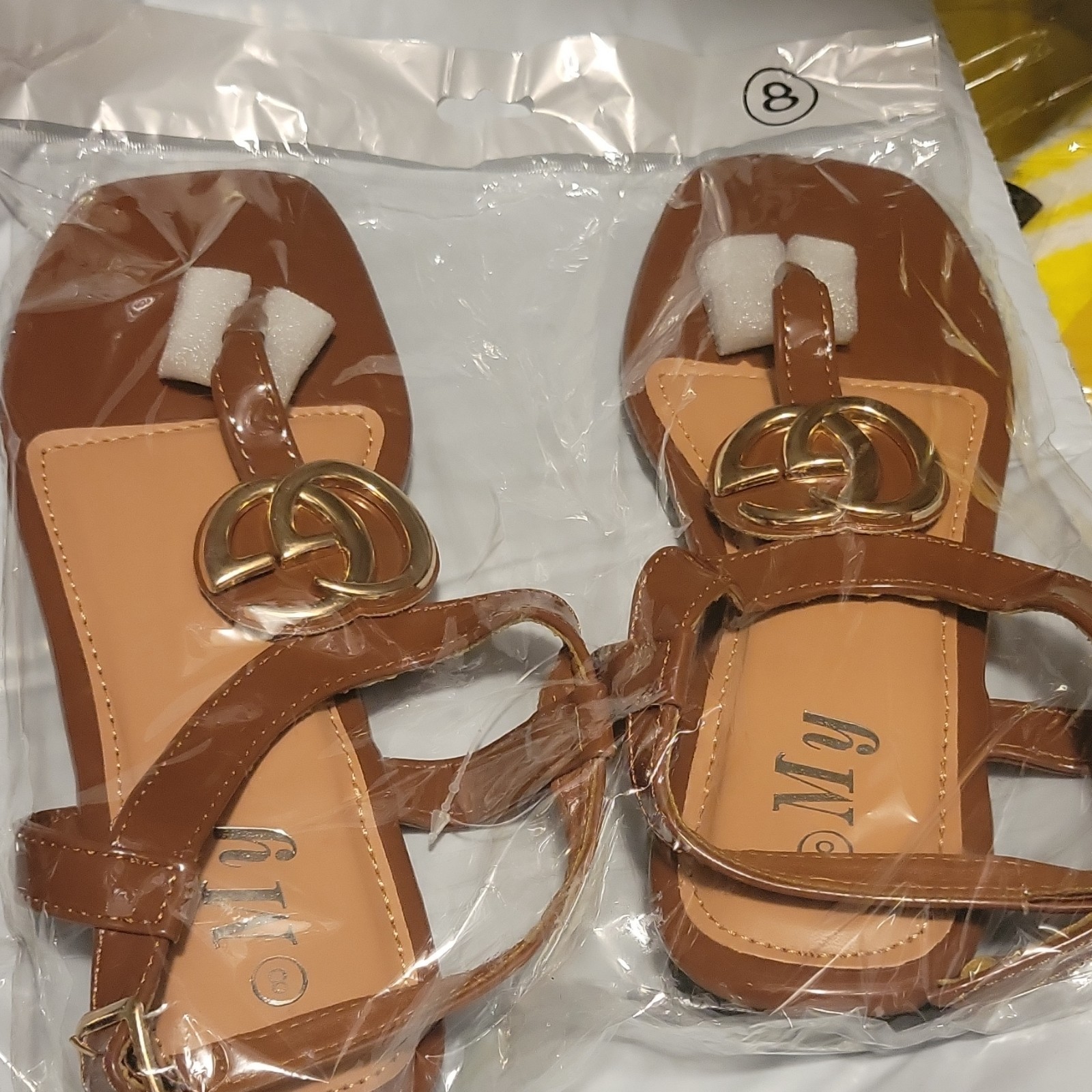 Women’s Brown Buckle Flat Strappy Ankle Strap Sandals w/ Logo Accent, Size 8