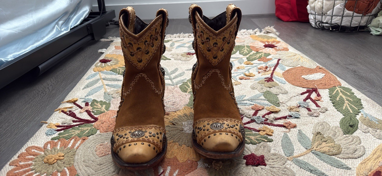 Lane Brown Leather Studded Western Ankle Boots Pull-On Round Toe Men 5.5