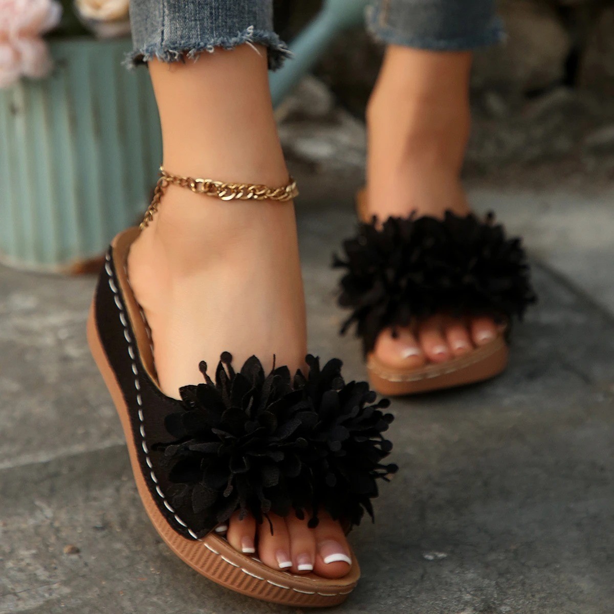 Women’s Flower Wedge Sandals Open Toe Slip-On Summer Platform Slides Casual