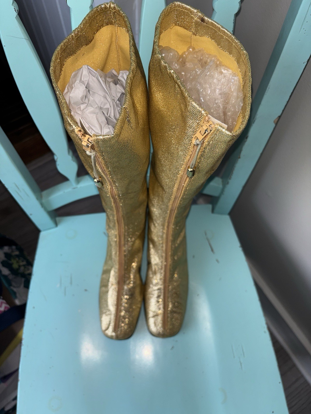 Rare Vintage Women Gold Metallic Lame Knee-High Go Go Boots