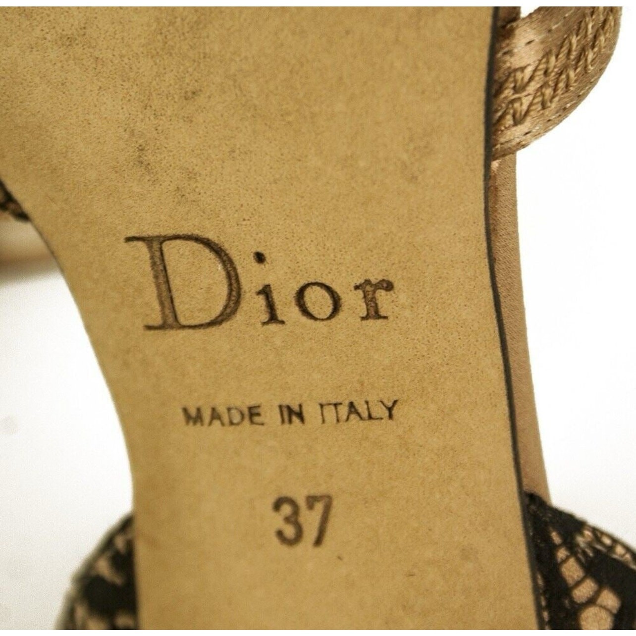 Christian Dior Lace Satin Slingback Heels Sz 37 Beige Black Italy Strappy Pumps