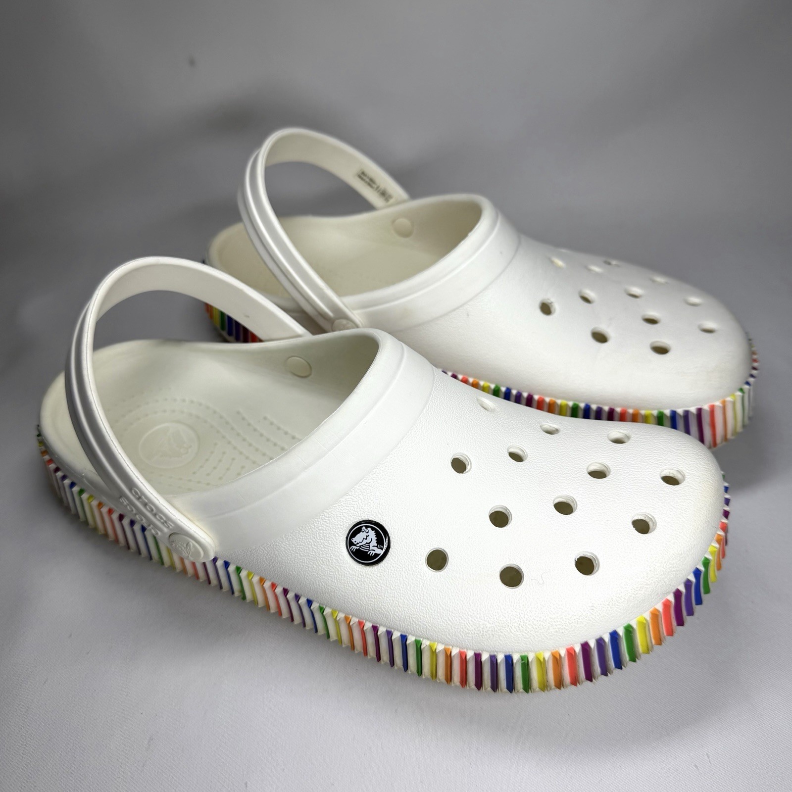 Crocs Classic Clog Shoes Womens 11 Mens 9 White Rainbow Pride Band Slip On