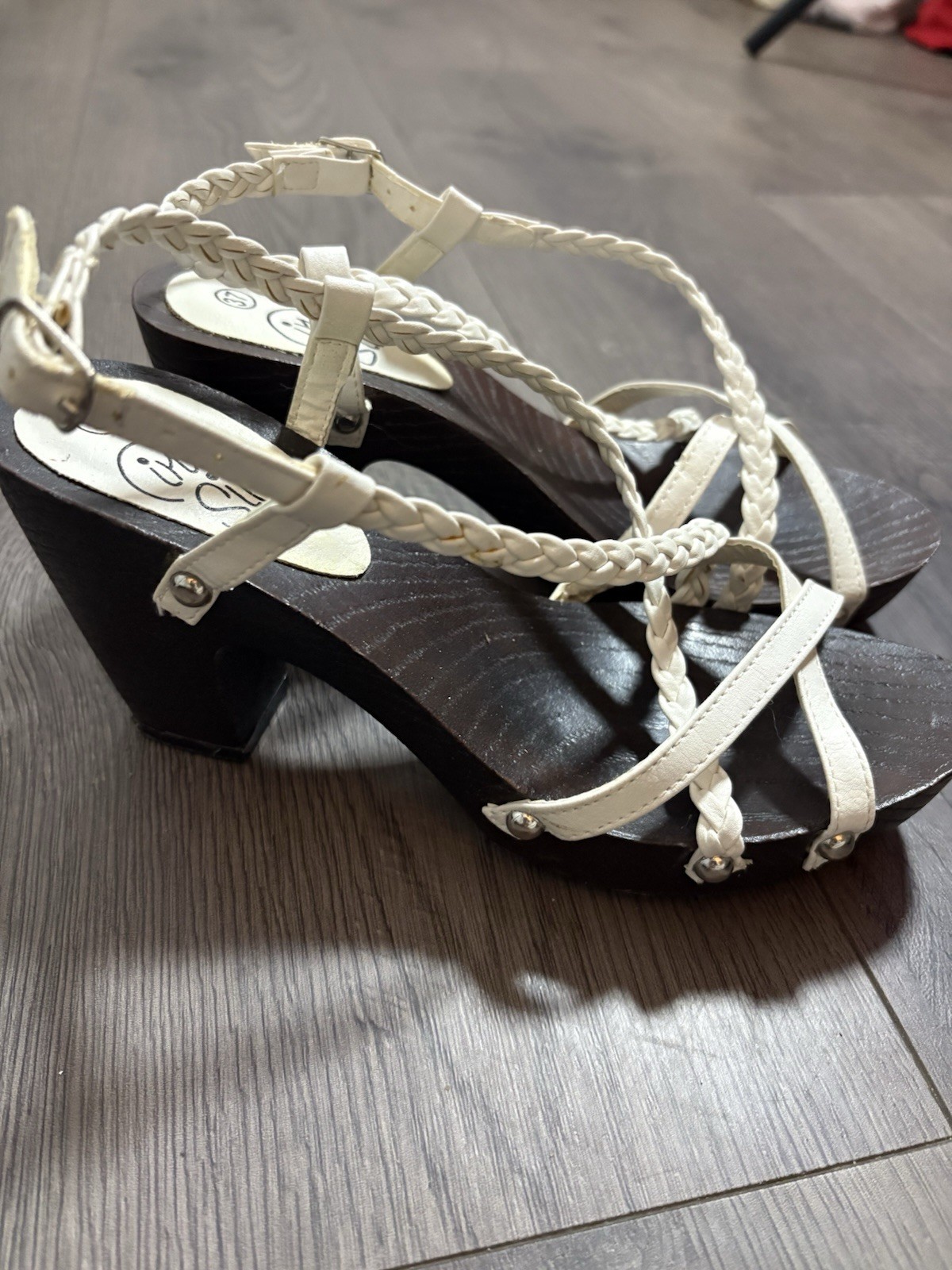 White Braided Strapped Faux Wood Block Heel Studded Sandals Italian Classic