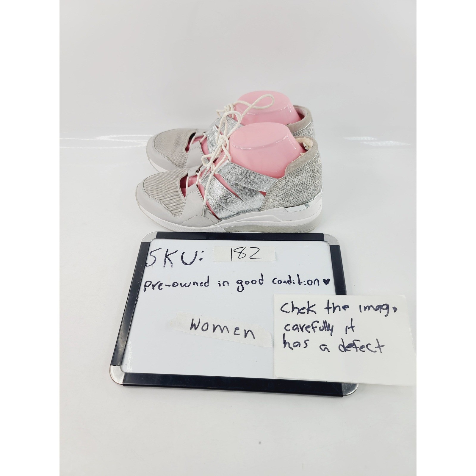 Michael Kors, Lace-Up Round Toe Wedge Sneakers, Women, Size 9 White Silver Gray.