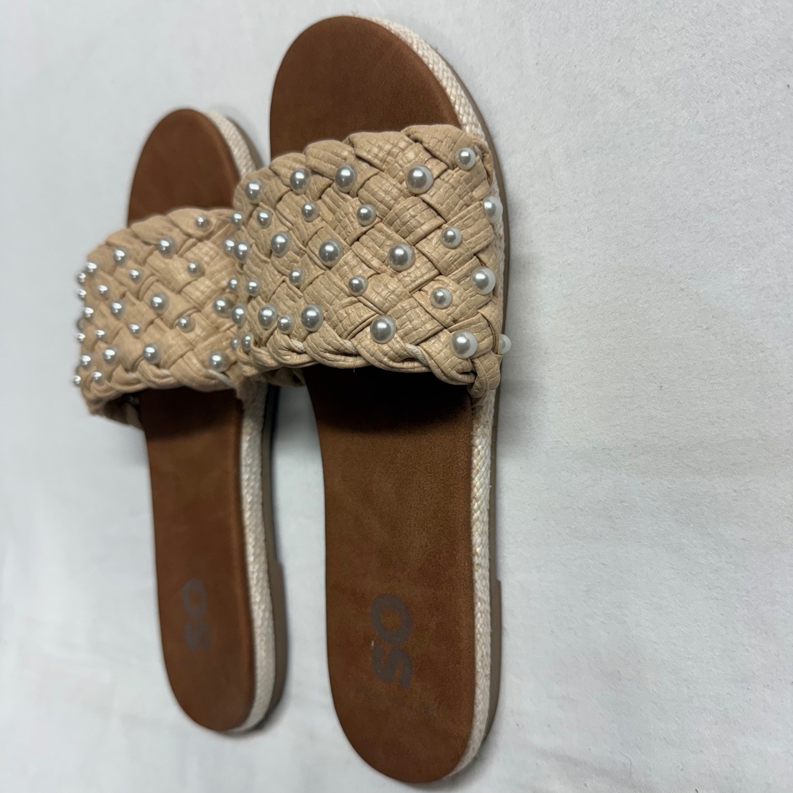 SO Pearl Studded Woven Slide Sandals Womens 7 Medium Beige Raffia Boho