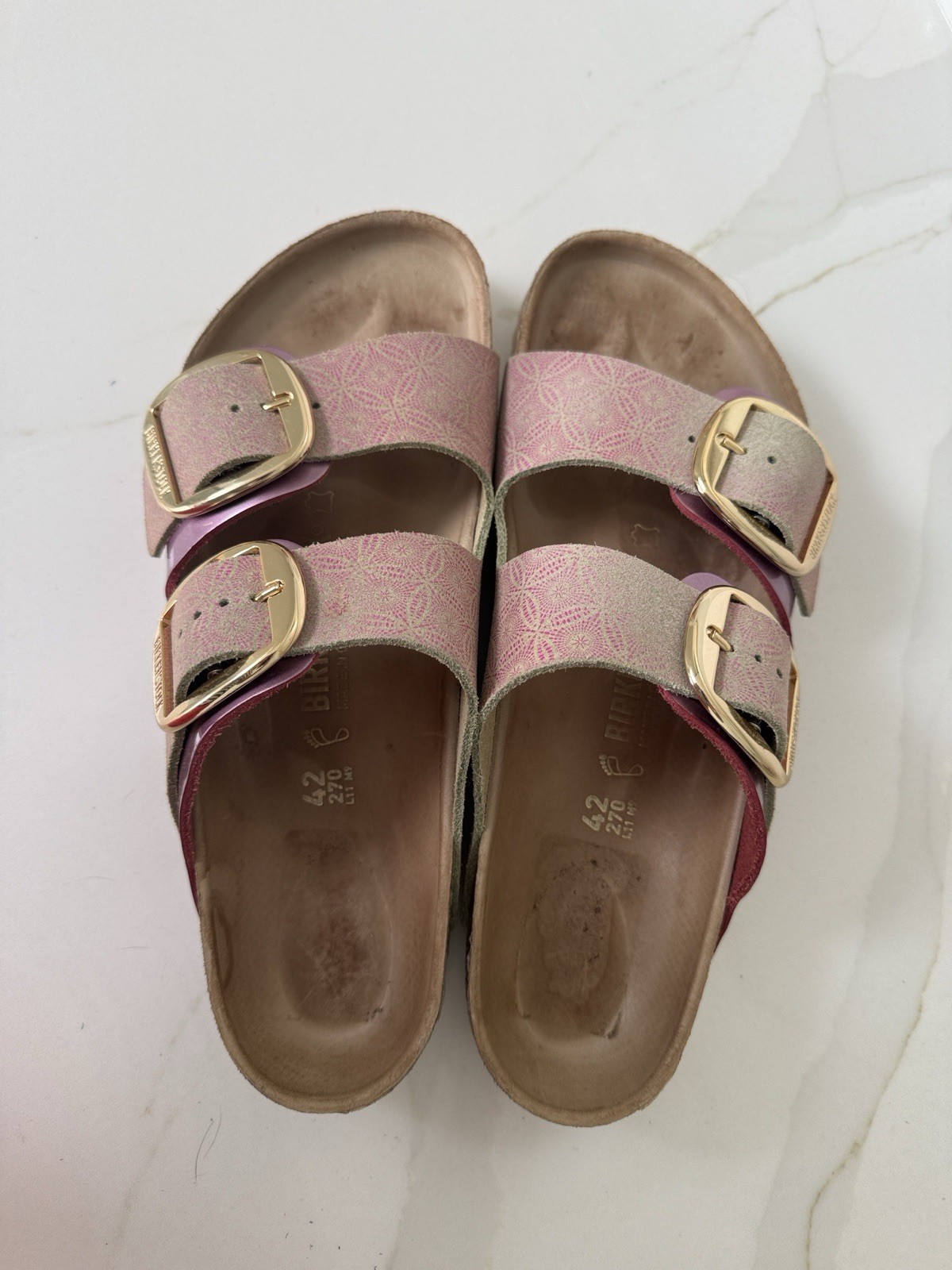 Birkenstock Arizona Leather Big Buckle Pink Ceramic With Gold Metallic 42 11 R