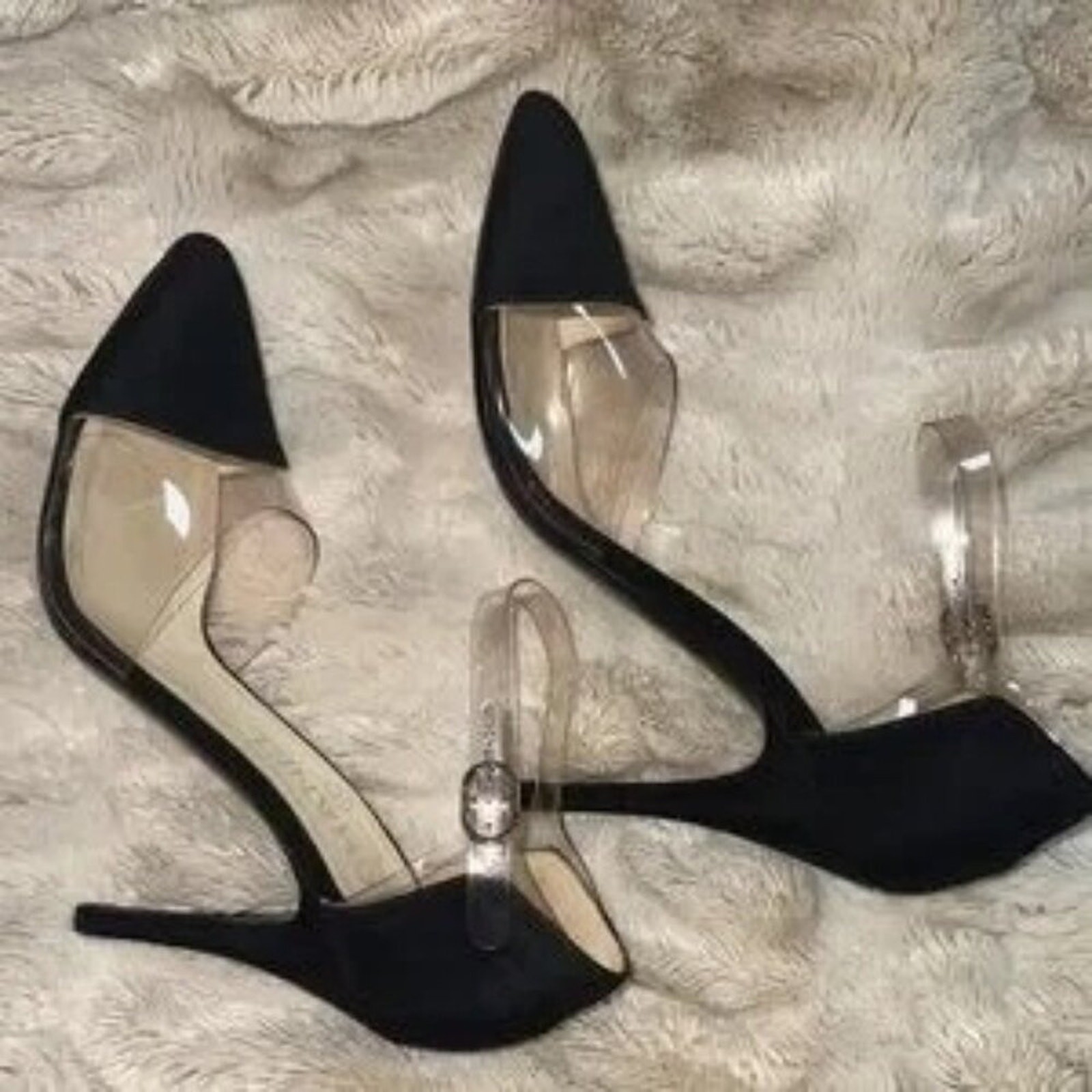 CHANEL Black & Transparent Ankle Strap Heels Size 37.5/ US 7 Made In Italy