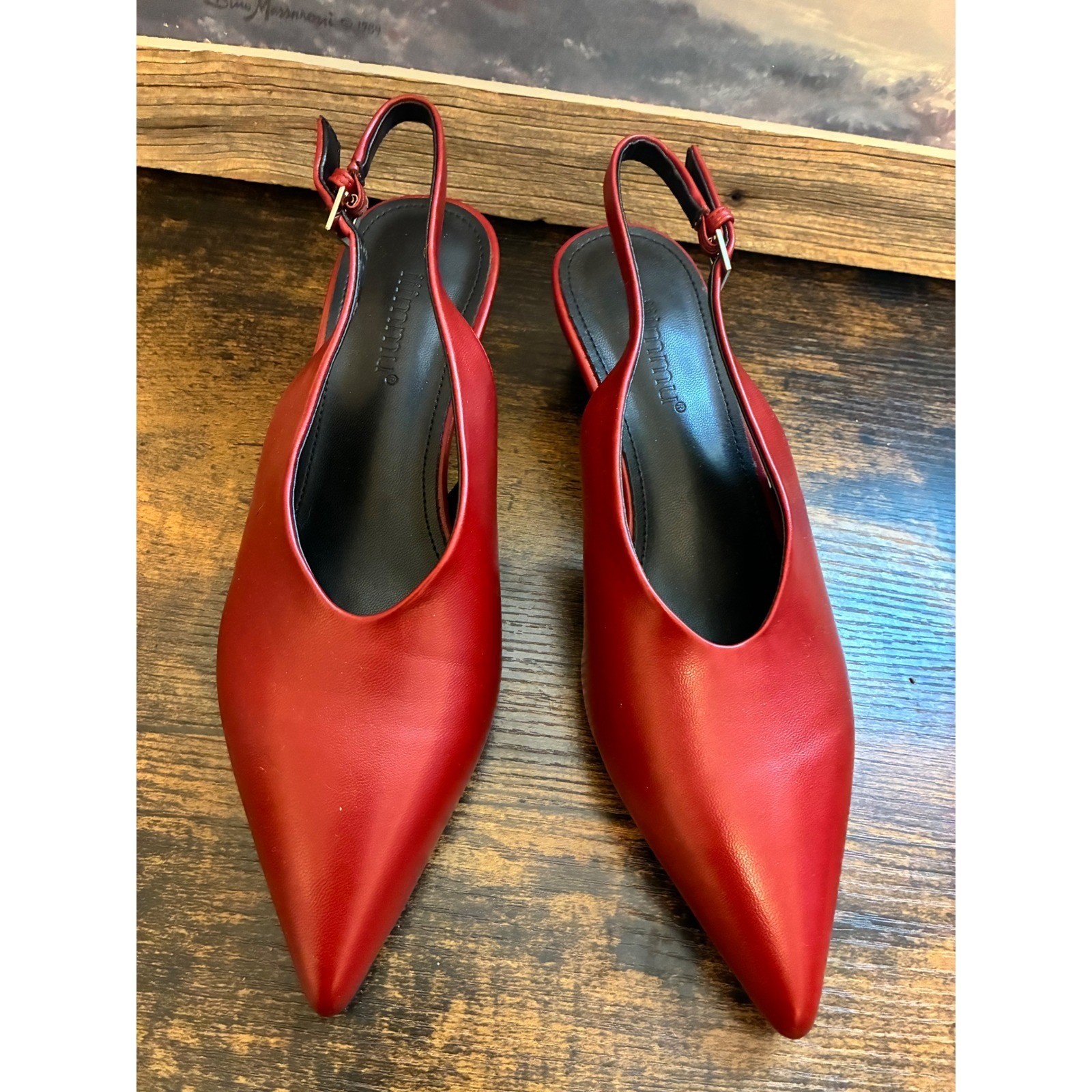 Beautiful Deep Red Pointed Toe Slingback Kitten Heels Pumps Size 7