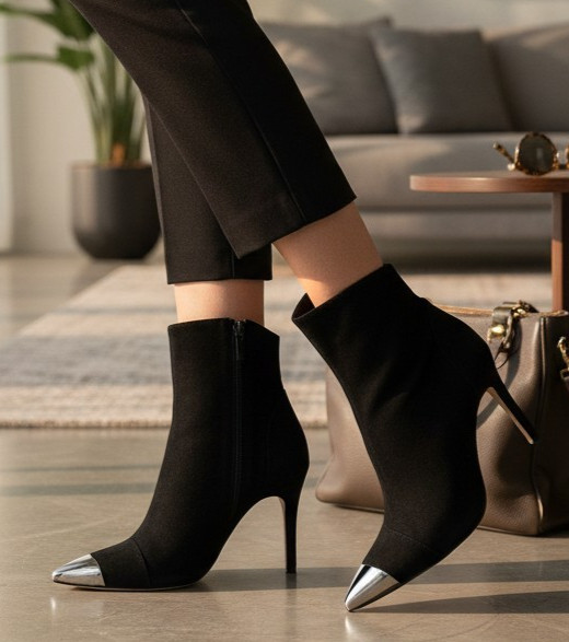 DESIGNER GIORDANA F. BLACK SUEDE SILVER METAL TIP HIGH HEEL ANKLE BOOTS SIZE 9.M