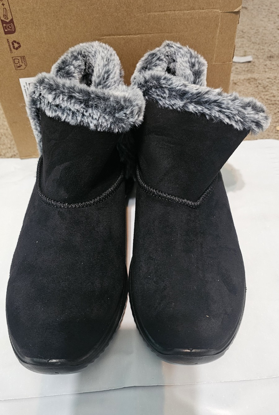 Women’s Black Faux Suede Ankle Booties Faux Fur Trim Lined Pull-On US 11