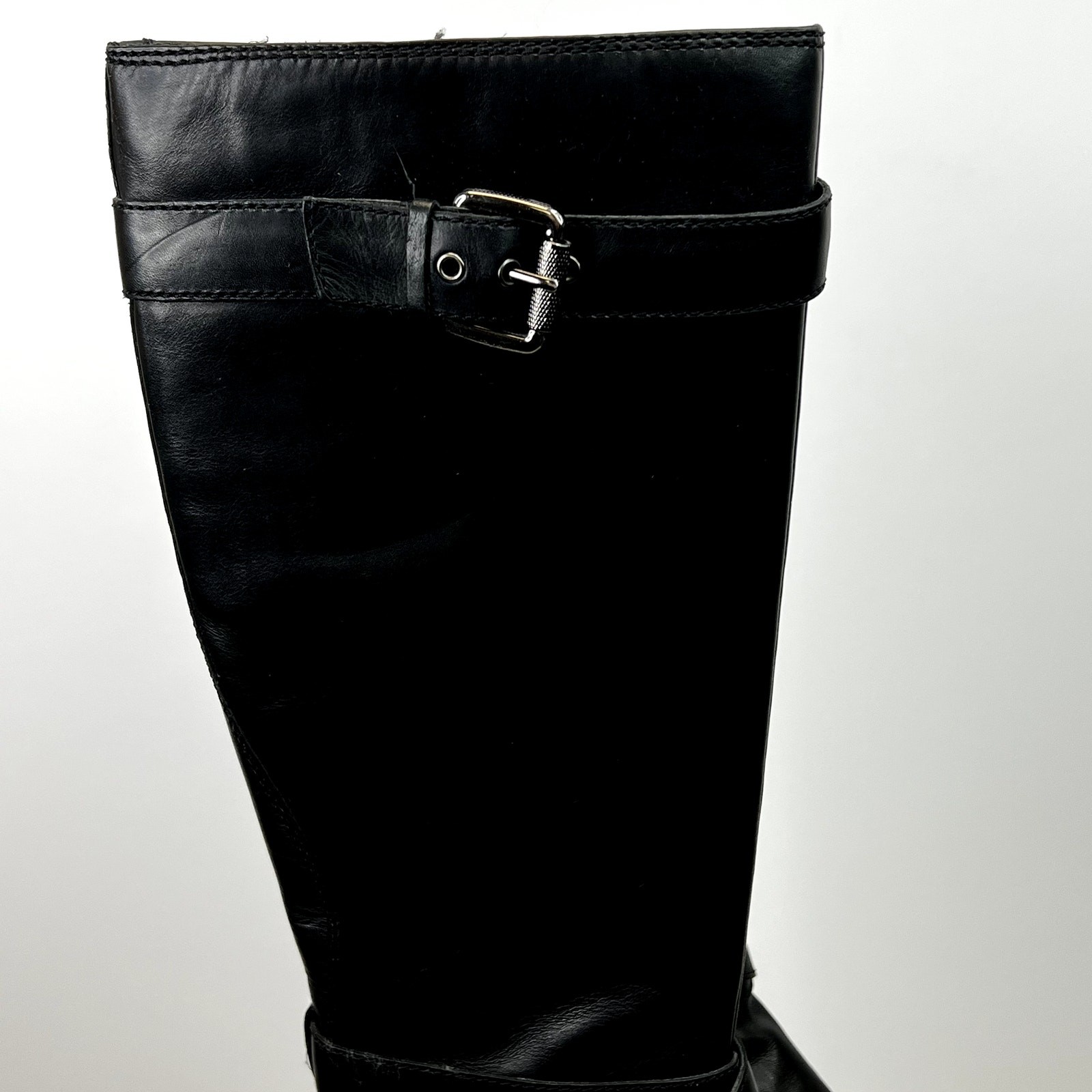 Franco Sarto Piston Tall 100% Leather Black Boots with Buckle Detailing SZ 7 1/2