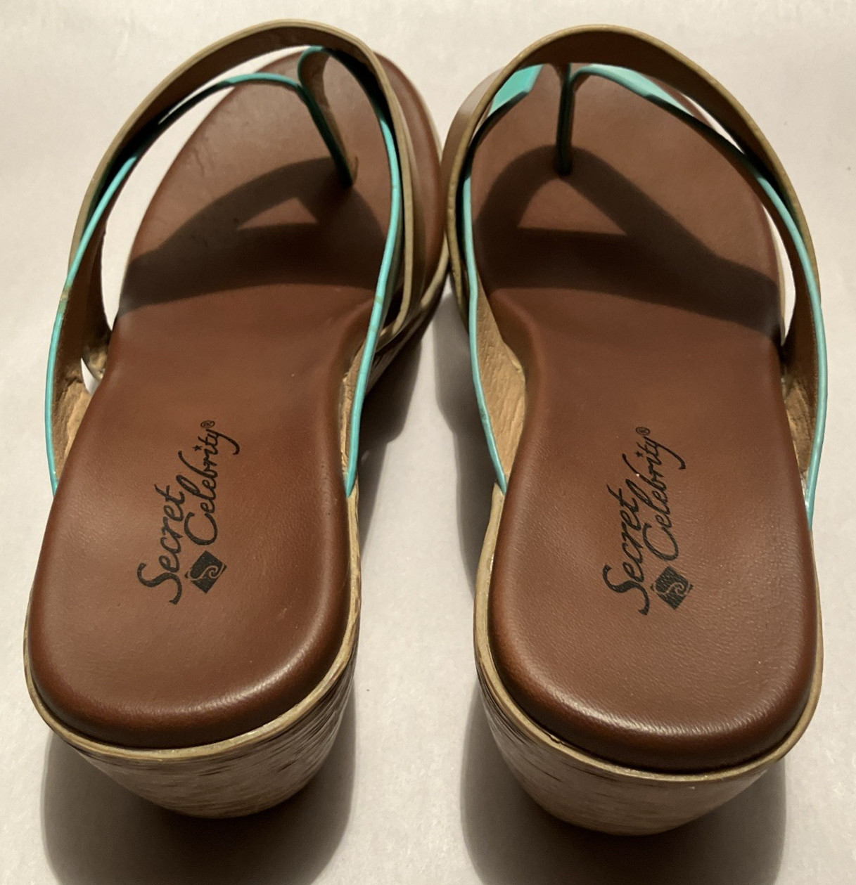 New Secret Celebrity Eclipse Women 8M Turquoise/Gold Strap 2″ Wedge Heel Sandals