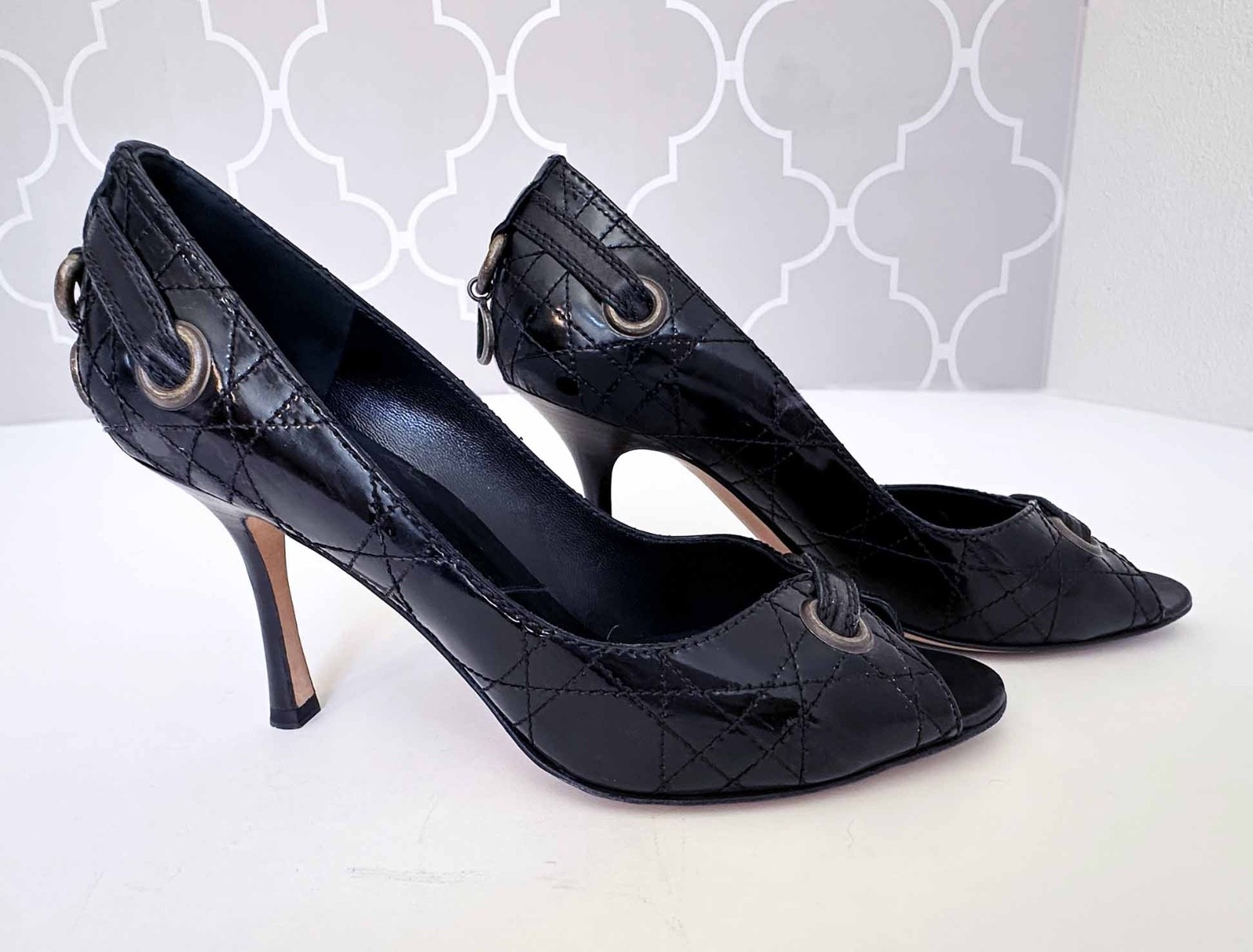 Christian Dior Black Cannage Patent Leather Peep Toe Pumps D Charm Heels EU 38