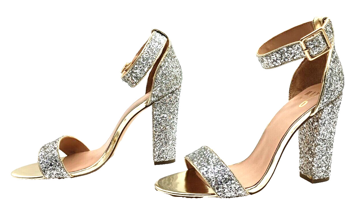 Mix No 6 heels Womens 9.5 Silver Glitter Varonika Block Heel Ankle Strap Party