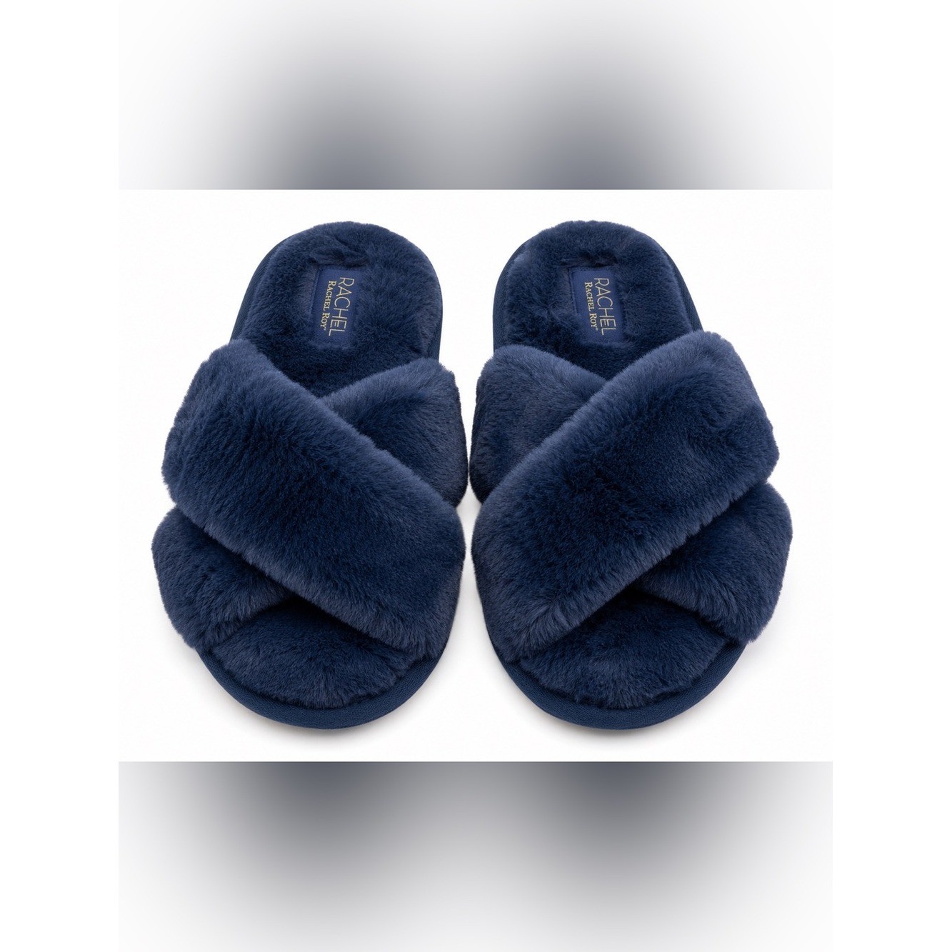 Rachel Rachel Roy Navy Plush Faux Fur Cross Band House Slippers Women’s M 7-8