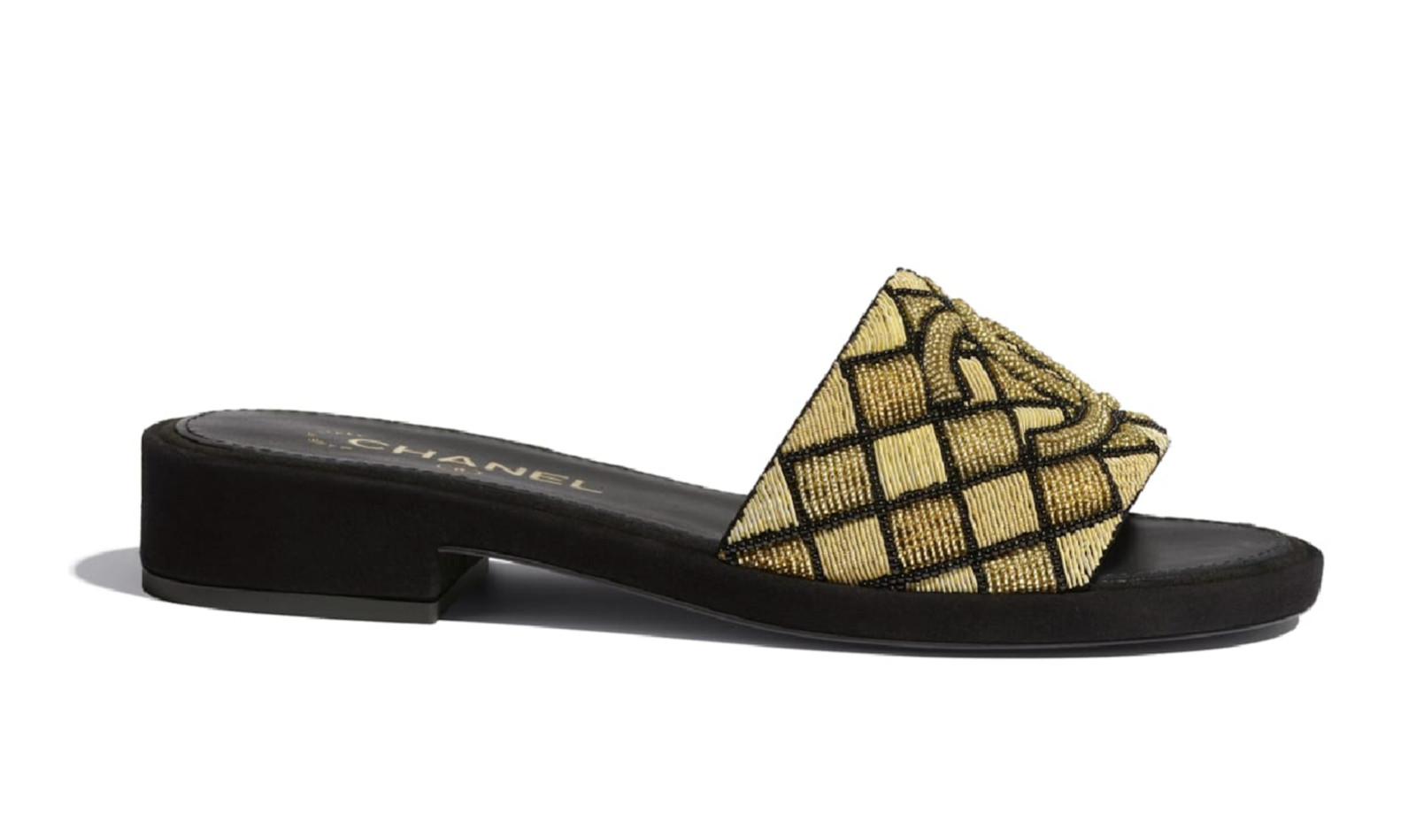 Chanel 21A Gold Black Pearl Embroidery Beaded CC Logo Slide Sandal Mule Flat 36