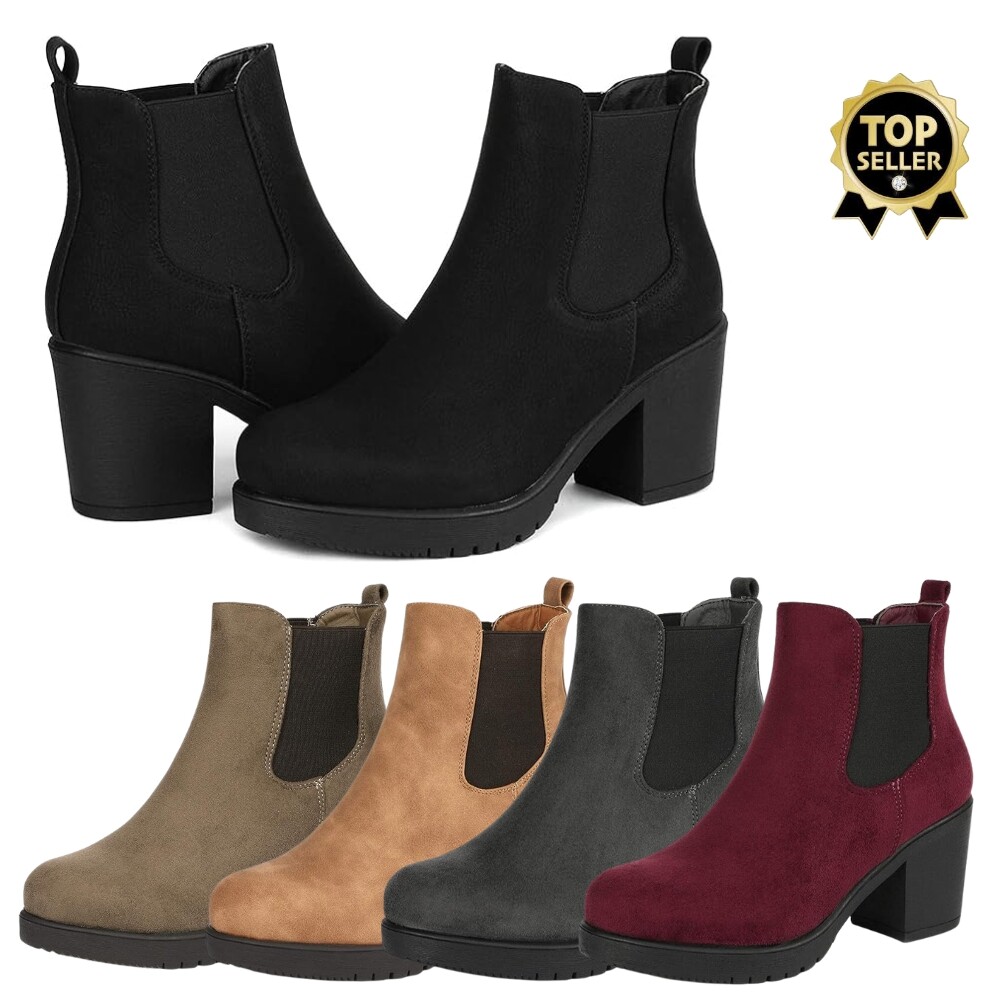 Women Lady Chelsea Ankle Boots Chunky Block High Heel Slip On Suede US Size 5-11