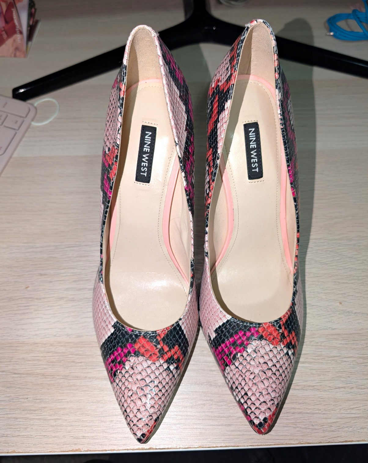 Nine West Women’s Leather Snakeskin Pointed Toe Slip-On Pumps Pink/Blk/Red 10.5