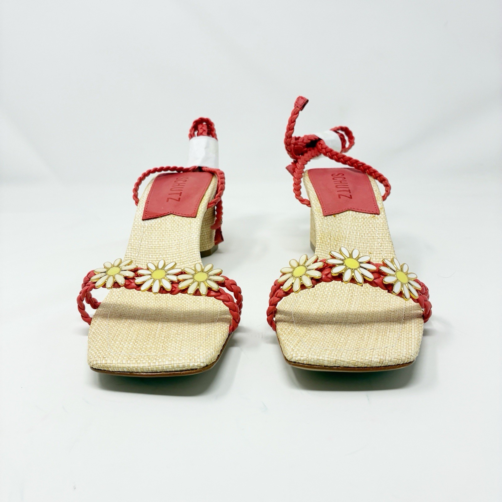 Schutz Hina Coral Block Heel with Daisy Embellishments 6.5 NIB