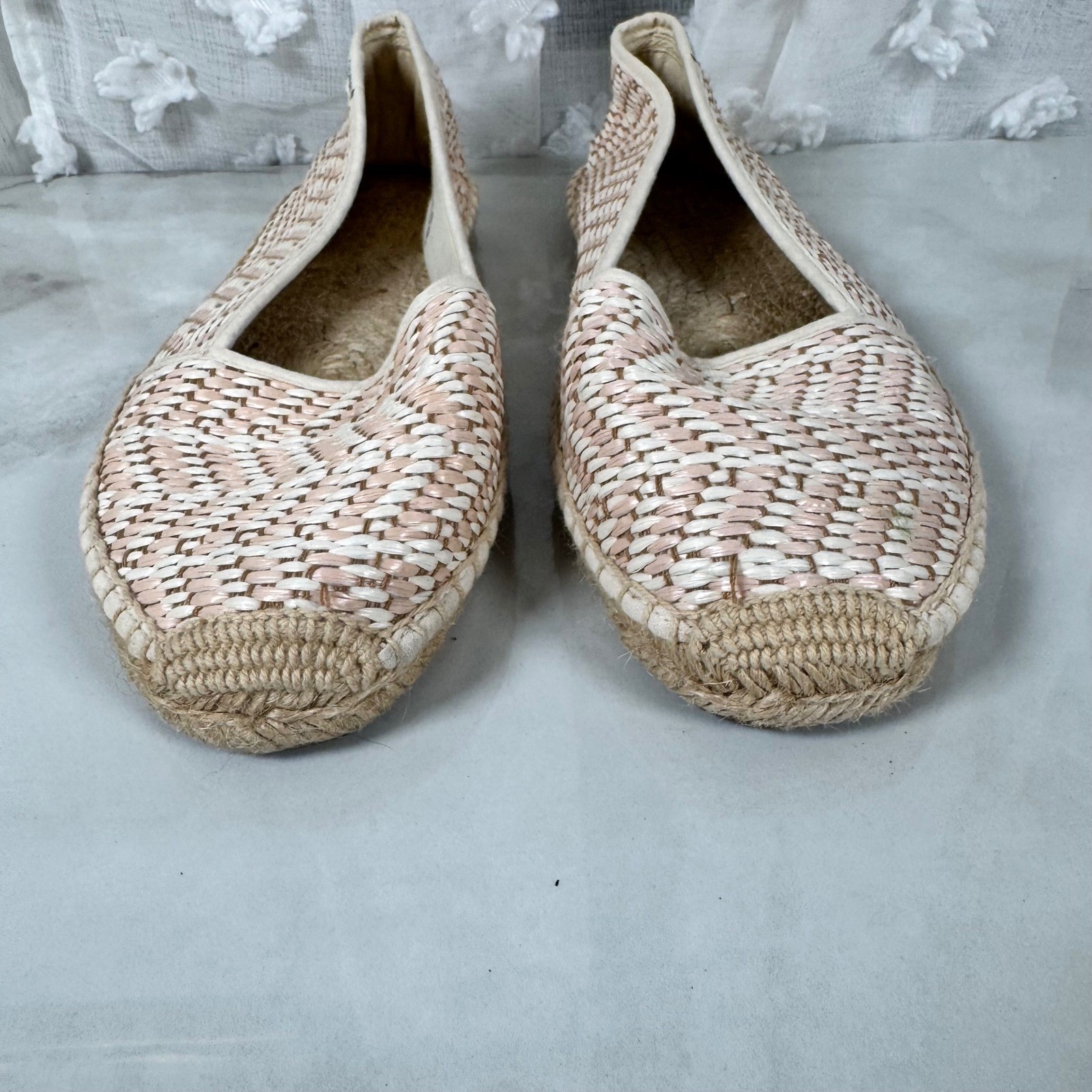 Soludos Woven Espadrilles Slip On Flats Pale Pink White Resort Cruise Size 41