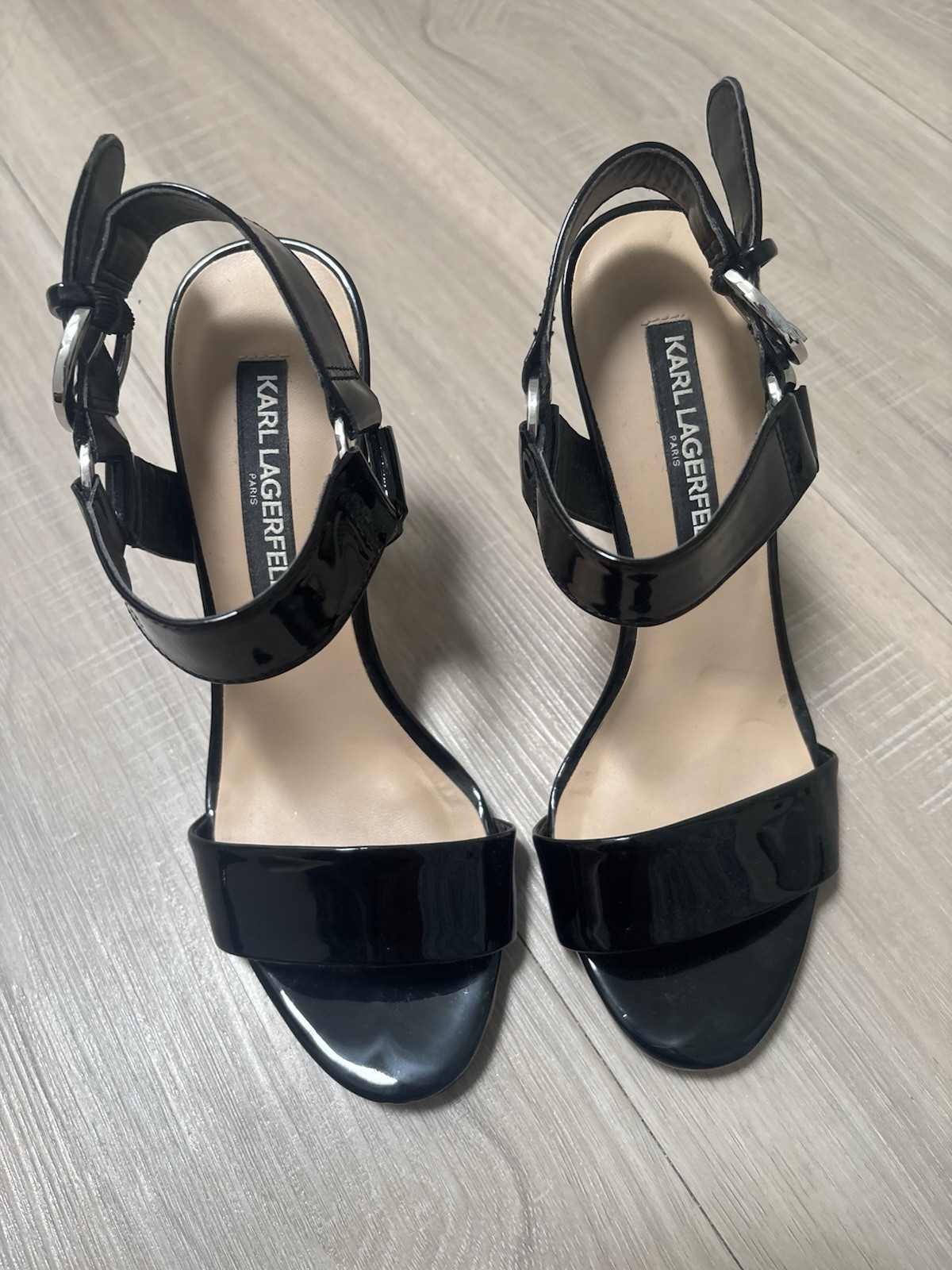 Karl Lagerfeld Paris Women’s Black Patent Strappy Ankle Strap Stiletto 7