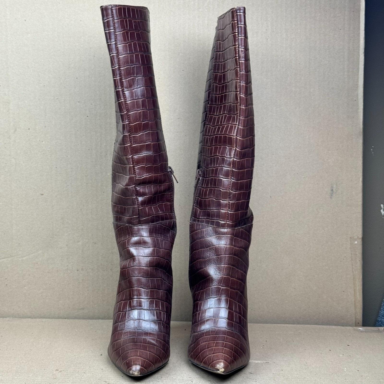 Aqua Women’s Brown Croc Embossed Leather Tall Heeled Boots Size 9 damage