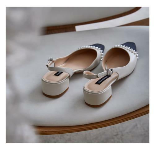 Women Classic Pearl Two Tone Leather Slingback Heels Square Toe Shoes Formal