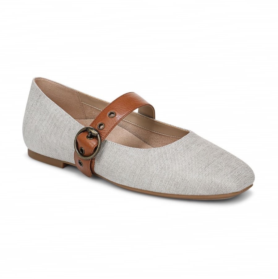VIONIC Women Hattie Mary Jane Flat, Natural Canvas Gold (NEW)