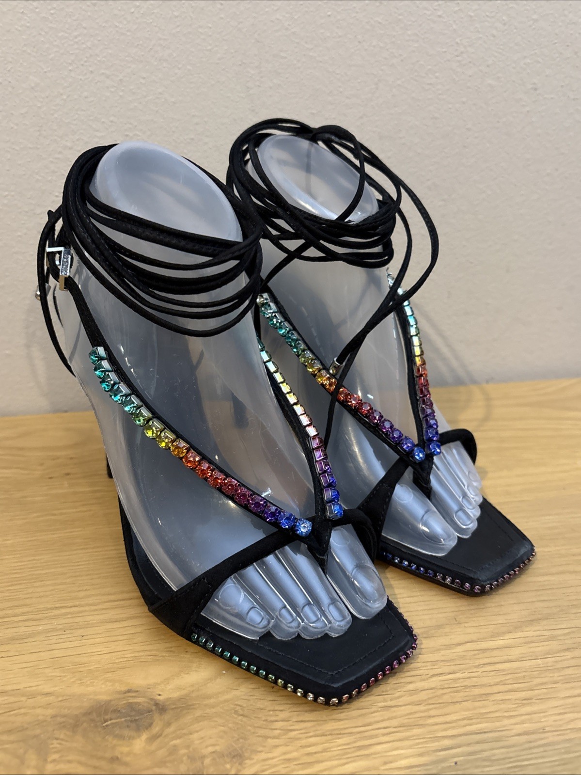 Schutz Vikki Crystal Strappy Heels Sandals Black Suede Rainbow Sz 8.5